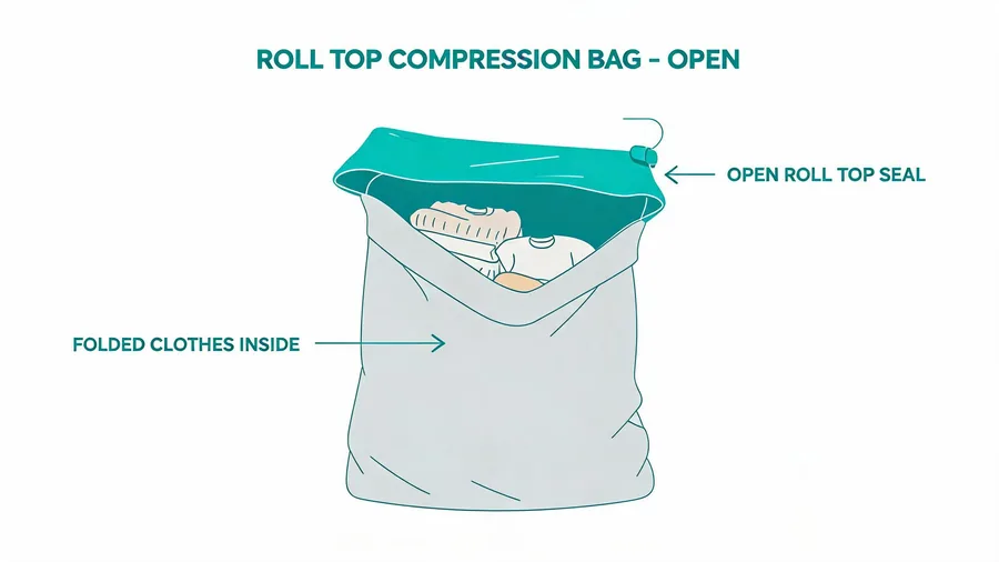 Open roll-top compression bag with folded clothes inside