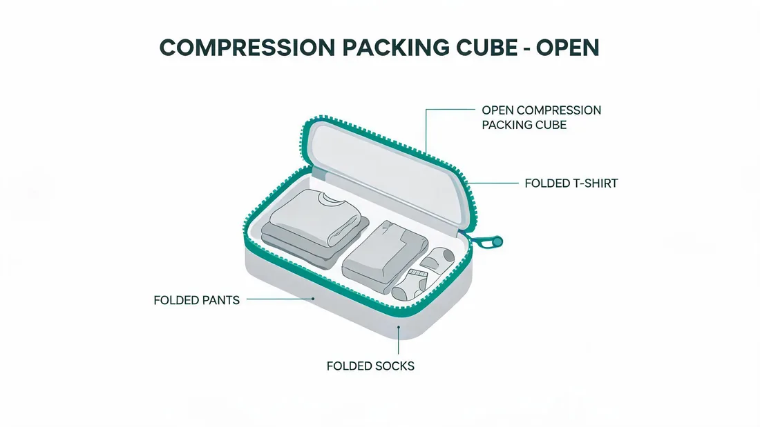 Open compression packing cube showing folded clothes inside