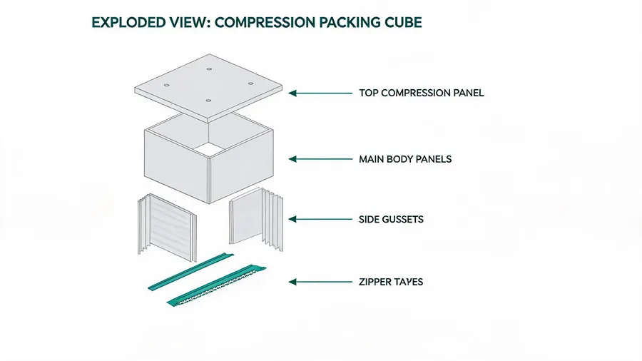 Exploded view diagram showing panel and gusset construction of a compression packing cube