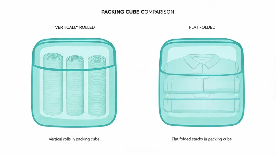 Diagram comparing rolled vs folded packing methods in a packing cube