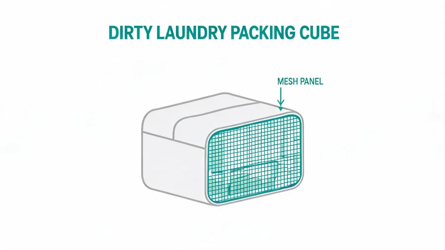 Packing cube with mesh panel holding dirty clothes separated from clean ones