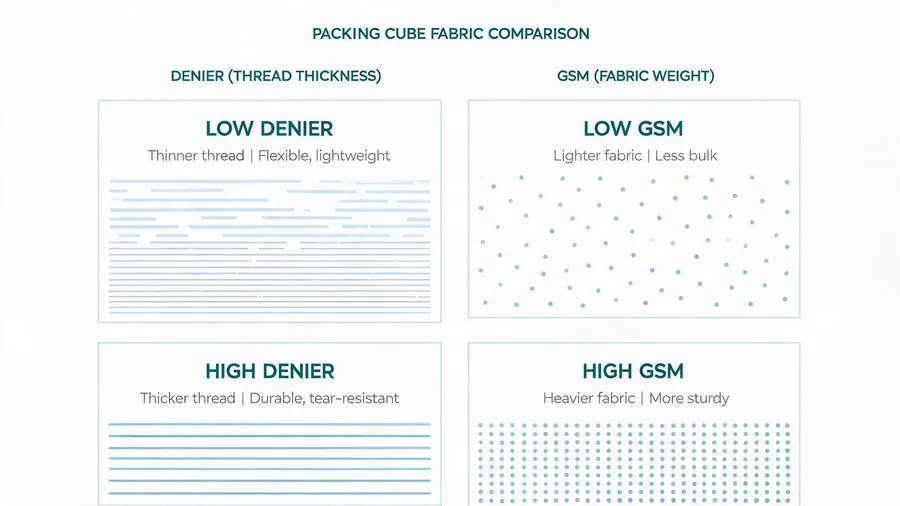 Diagram illustrating denier and GSM measurements for packing cube fabric