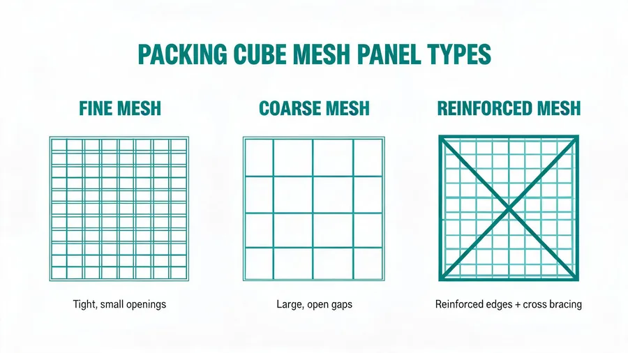 Packing cube with mesh panel showing different mesh types