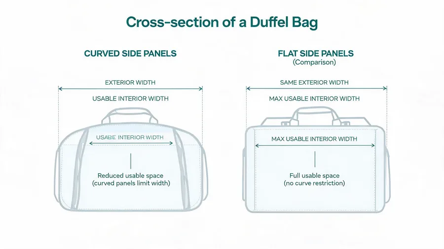 Diagram comparing listed duffel width to usable interior width