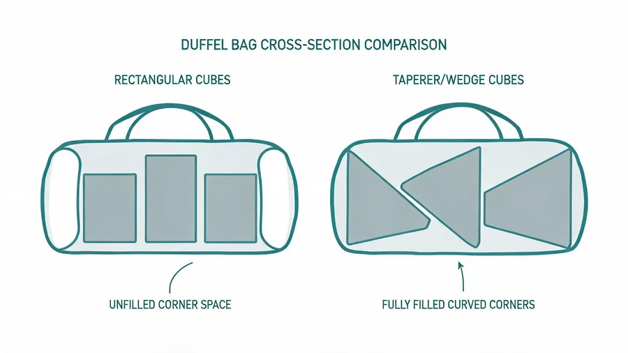 Diagram showing cube shapes filling duffel bag corners