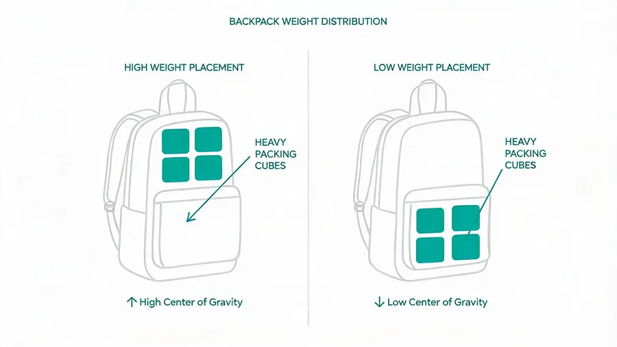 Diagram of backpack loading order affecting weight distribution