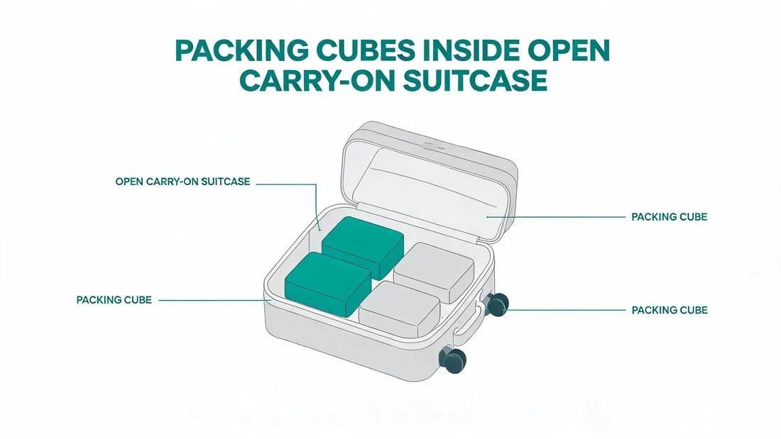 Packing cubes for carry on luggage laid inside an open suitcase