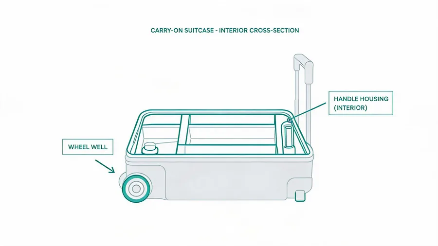Open carry-on showing interior space lost to wheel wells and handle housing