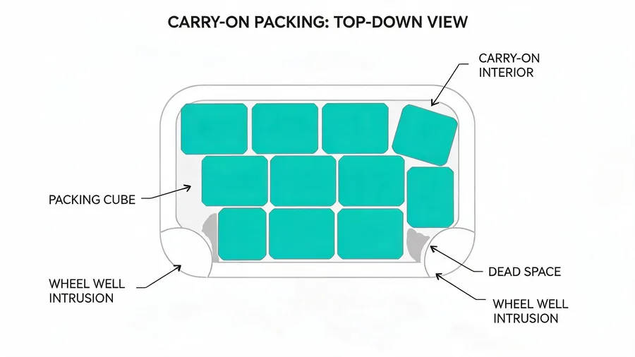 Diagram showing how packing cubes tile a carry-on interior with curved corners