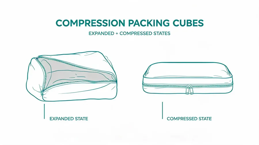 Compression packing cube showing expanded and compressed states