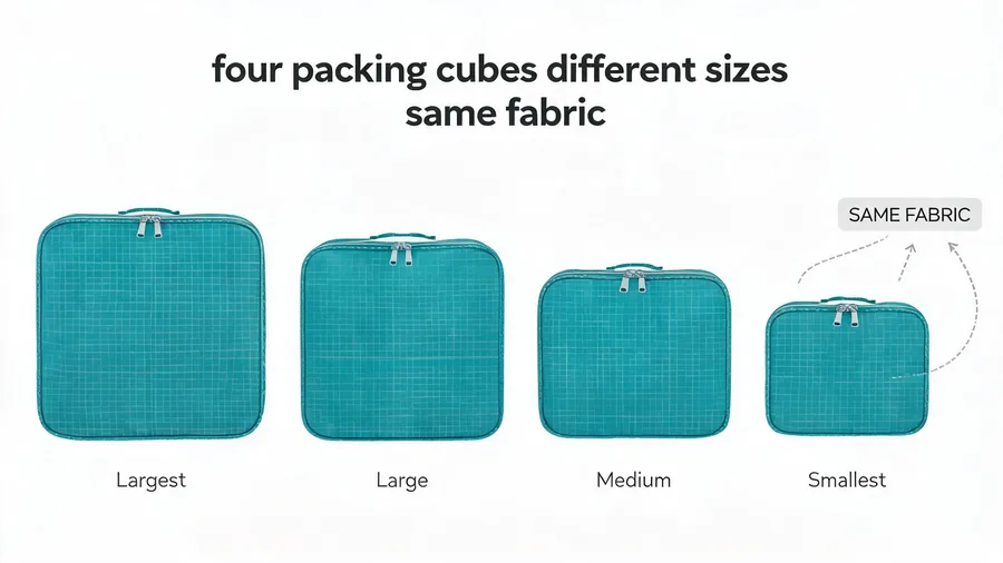 Four packing cubes in graduated sizes made from the same fabric and construction