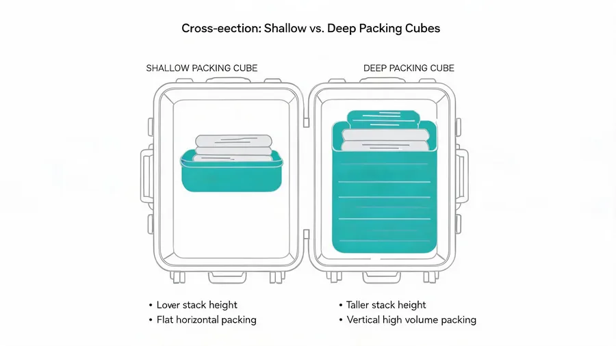 Diagram comparing shallow and deep packing cube cross-sections in a suitcase