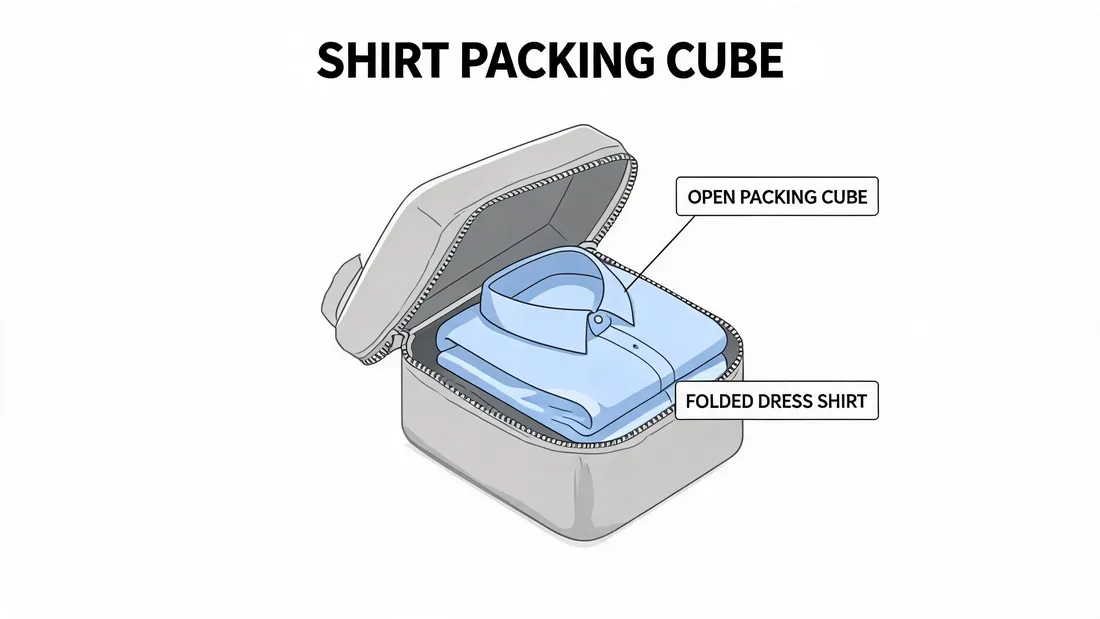 Open shirt packing cube holding a neatly folded dress shirt