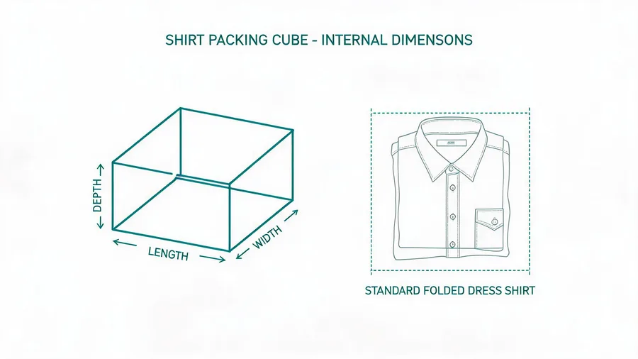 Diagram comparing shirt packing cube internal dimensions to a folded dress shirt