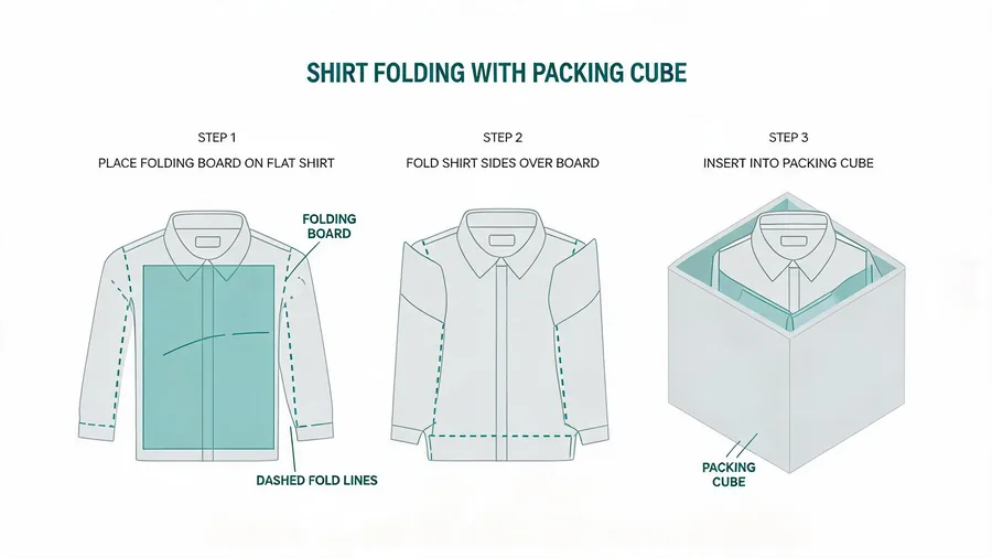Diagram showing folding board and fold guide inside a shirt packing cube