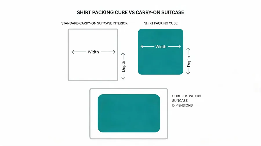 Diagram showing shirt packing cube fit inside carry-on suitcase dimensions