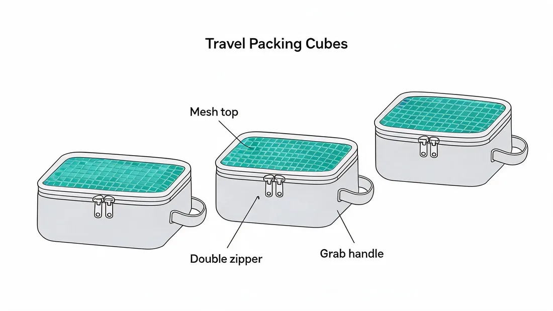Travel packing cubes set with mesh tops, double zippers and grab handles