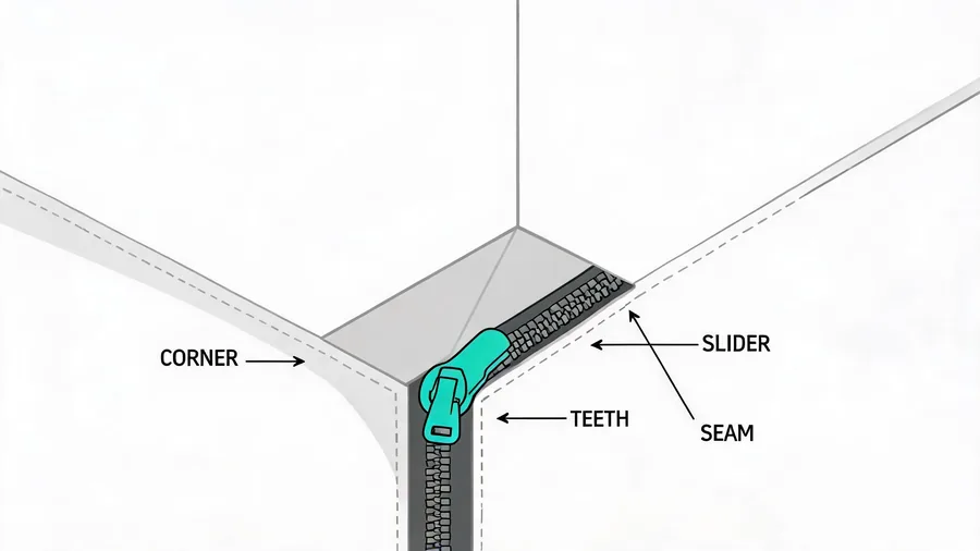 Diagram of travel packing cubes zipper cross-section showing slider and corner stress point