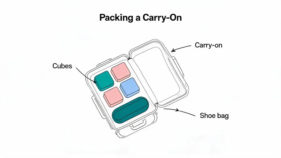 Travel packing cubes and a shoe bag arranged in an open carry-on