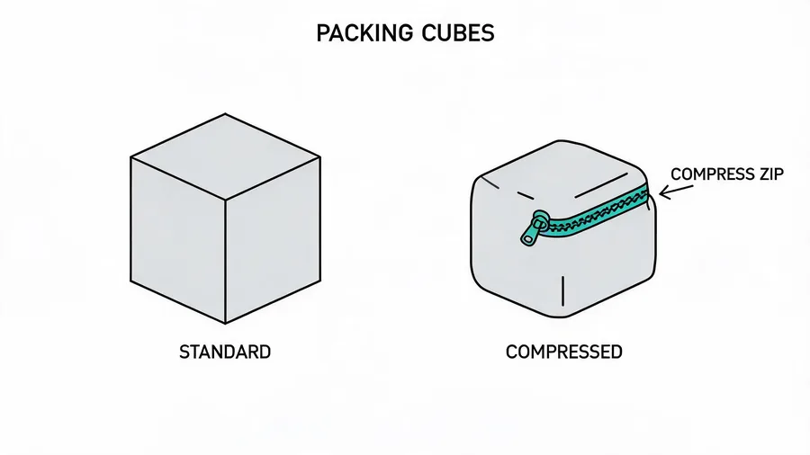 Diagram comparing standard and compression travel packing cubes with compression zipper