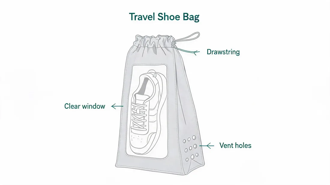 Travel shoe bag with a drawstring top, clear window and vent holes
