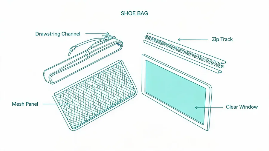 Exploded diagram of fabric shoe bag closures, ventilation panel and clear window