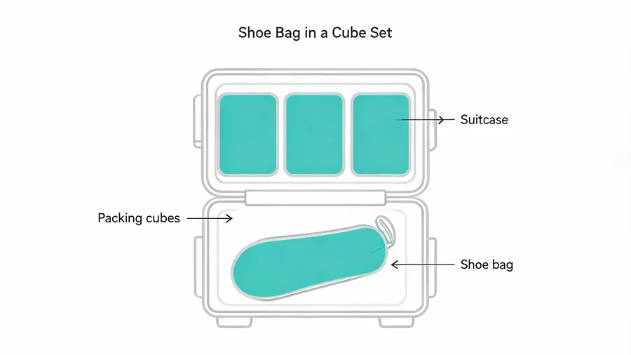Fabric shoe bag packed inside a packing cube set in a suitcase