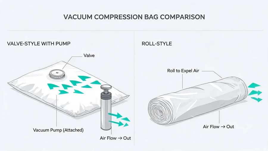 Diagram comparing valve-style pump vacuum compression with roll-style air expulsion
