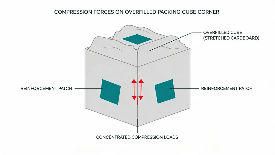 Diagram showing compression loading on packing cube corners and reinforcement placement